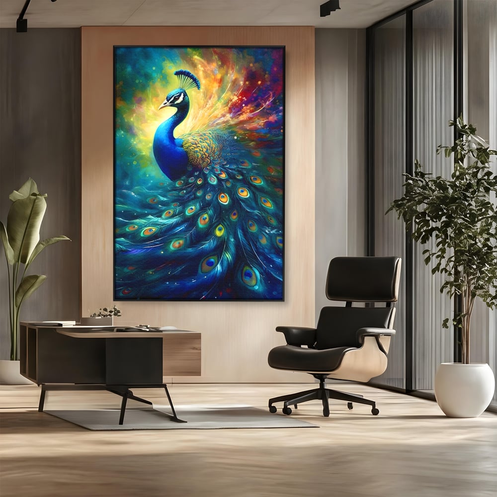 Tablou canvas cu tablou canvas cu paun colorat, in rama de aluminiu negru, pe perete intr-un birou